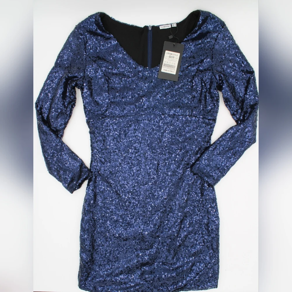 NWT Women’s Midnight Navy Sequin Long Sleeve Mini Dress – Size Small - Picture 8 of 10